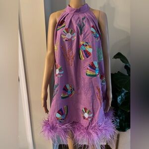 QUEEN OF SPARKLES Purple Coral and Shell Feather Tank Dress
